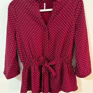 3rd & Malt Women's Red Polka Dot Blouse Adjustable Sleeves and Waist Size M